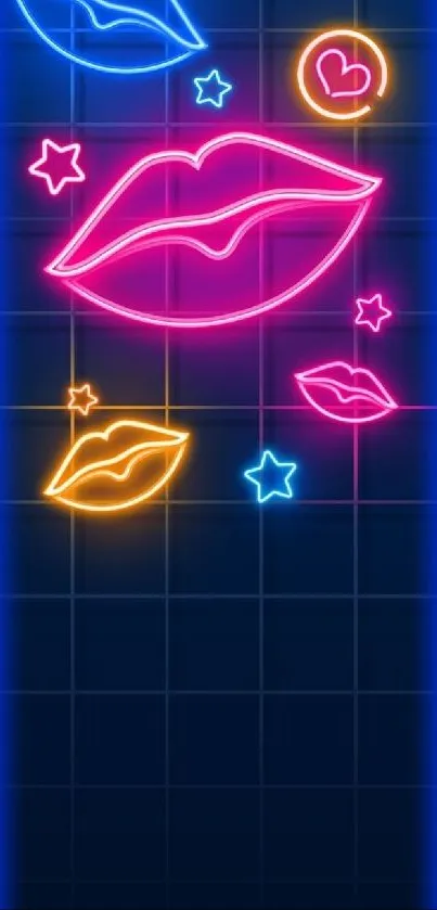 Neon lips and stars wallpaper with vibrant colors for phone screens.