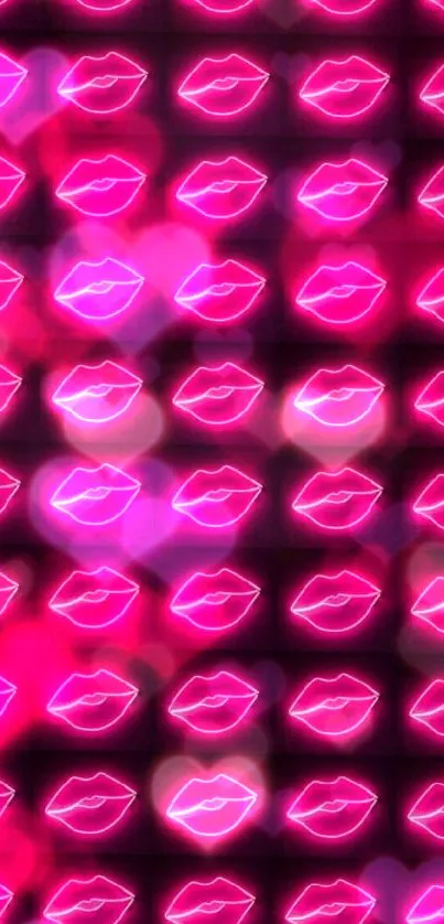 Neon pink lips pattern wallpaper with glowing effect.