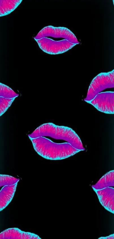 Neon lips on a black wallpaper background.