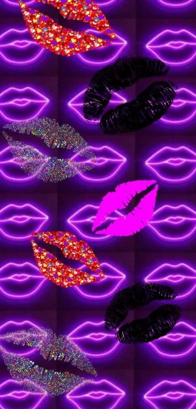 Neon lips wallpaper with vibrant purple, pink, and black lips on a dark background.