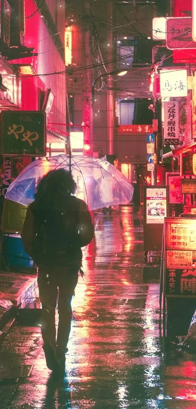 Neon lit alleyway with rain and reflections at night, showcasing urban life.