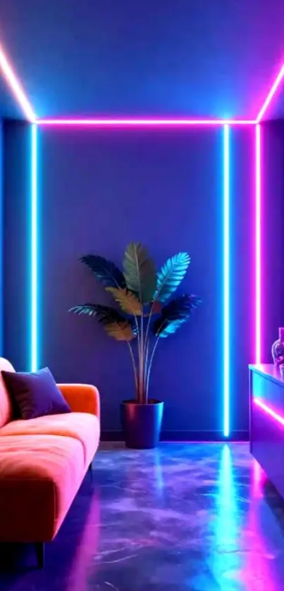 Neon-lit modern living room wallpaper.