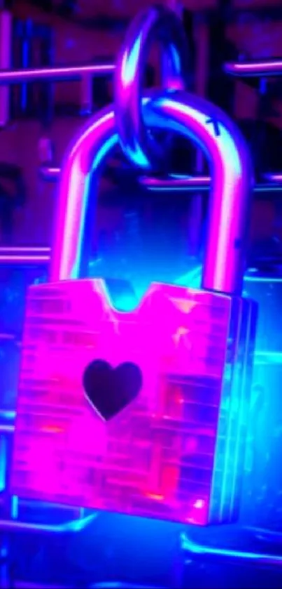 Neon lock with heart symbol glowing in vivid magenta and blue colors.