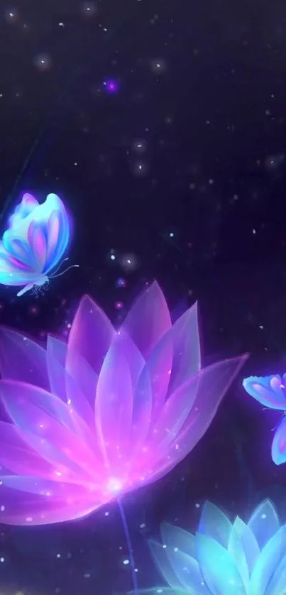 Vibrant neon lotus and butterflies on a starry night background.