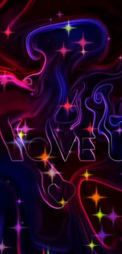 Neon love abstract wallpaper with glowing colors and stars.