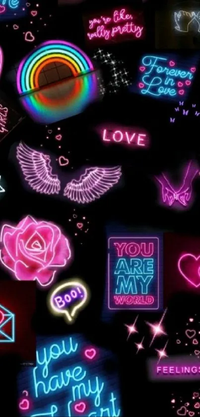 Colorful neon love-themed wallpaper with hearts and quotes.