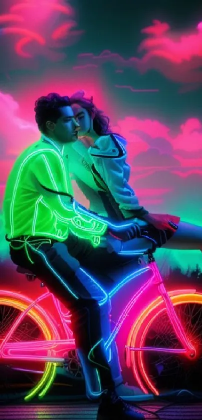 Neon couple riding bicycle against a vibrant sky.