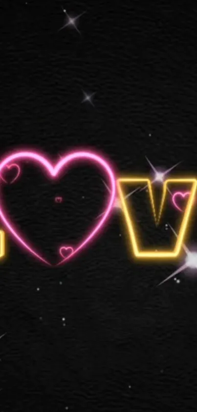 Neon love design on black wallpaper.