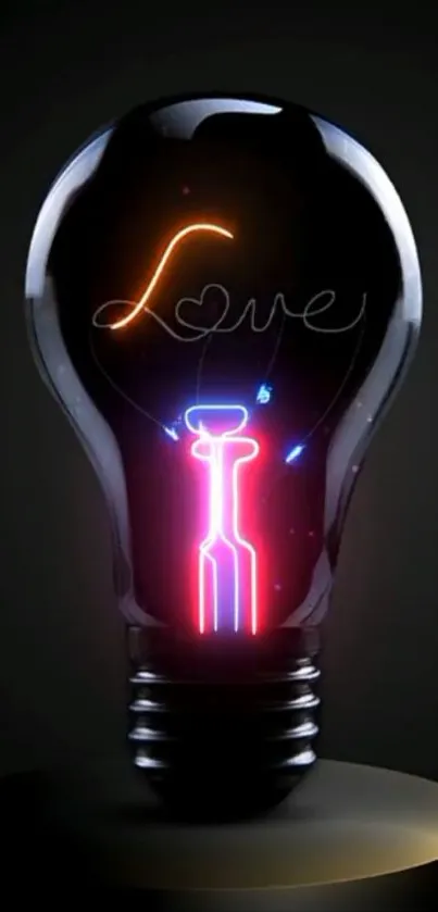 Neon light bulb with 'Love' glowing inside on a dark background.