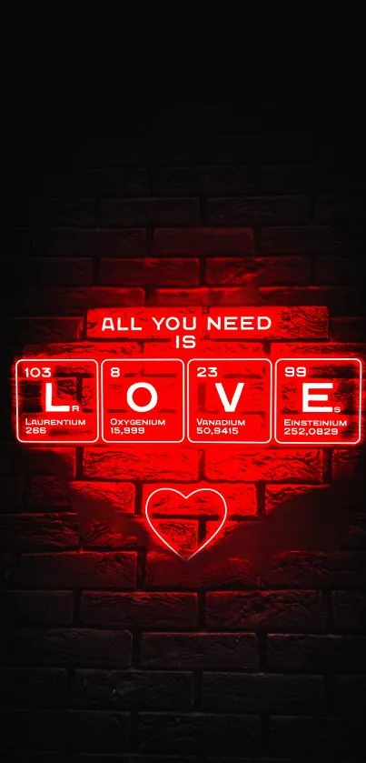 Neon red love chemistry elements wallpaper on dark brick wall.