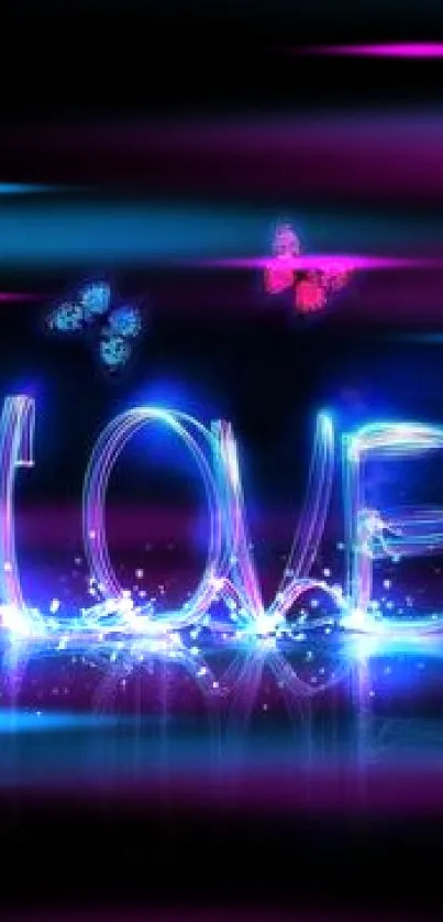 Neon love with glowing letters and vibrant butterflies.