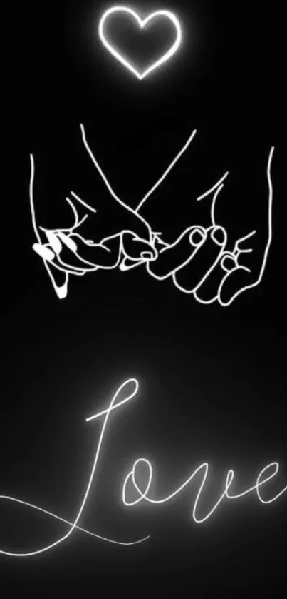 Neon line art of hands with a heart and 'Love' on black background.