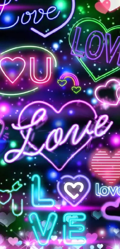 Neon love and heart themed wallpaper with vibrant colors.