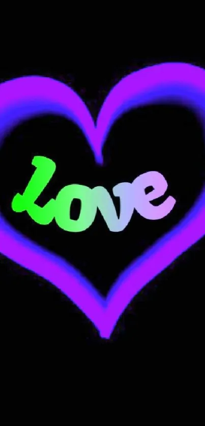 Neon heart with "love" on black background, colorful and vibrant.