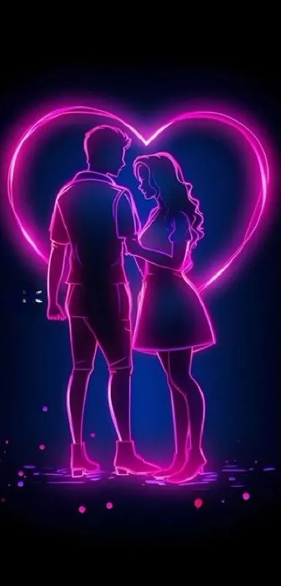 Neon silhouette of a couple with glowing pink heart background.