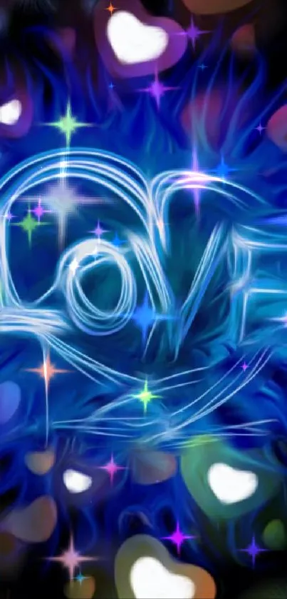 Neon design of love heart with glowing blue hearts.