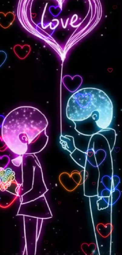 Neon couple with heart balloon glowing in dark.