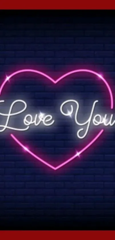 Neon heart with 'Love You' text on a dark brick background.