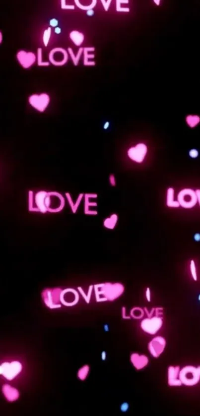 Neon love hearts scattered across a dark background.