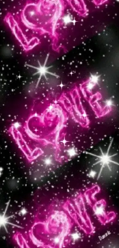 Neon love text with heart in pink glow on a starry background.