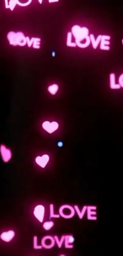 Neon wallpaper with glowing pink hearts and love texts.