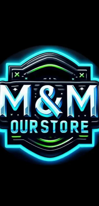 M&M logo with neon blue glow on a black background.