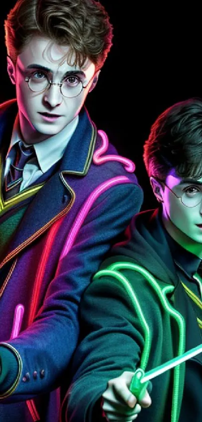 Neon-themed wallpaper with two wizards holding wands, glowing with magic.