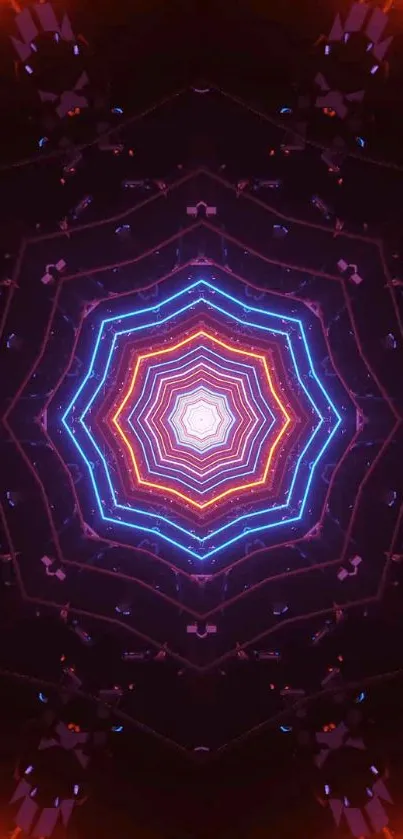 Vibrant neon mandala with geometric electric patterns on a dark background.