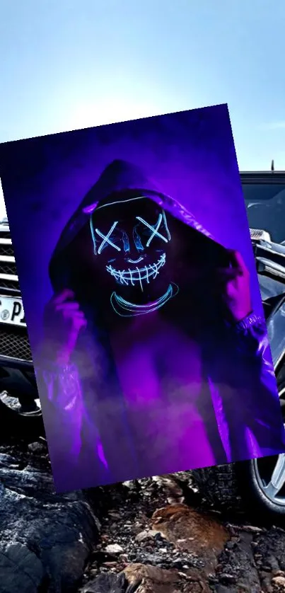 Neon mask figure with SUV background wallpaper.