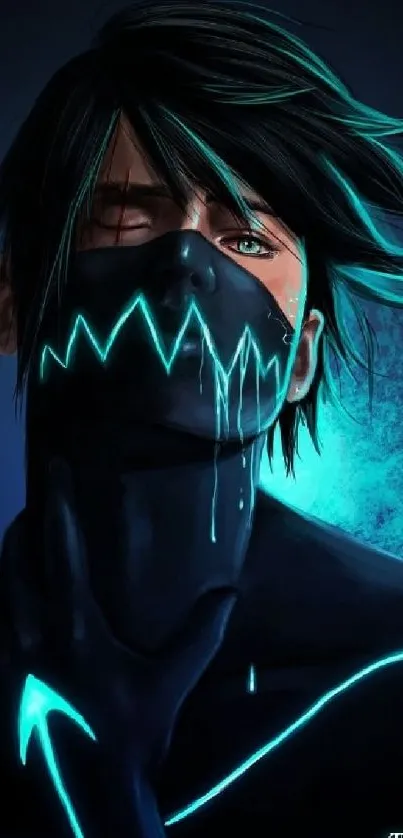 Anime character with neon mask and dark tones in a striking illustration.