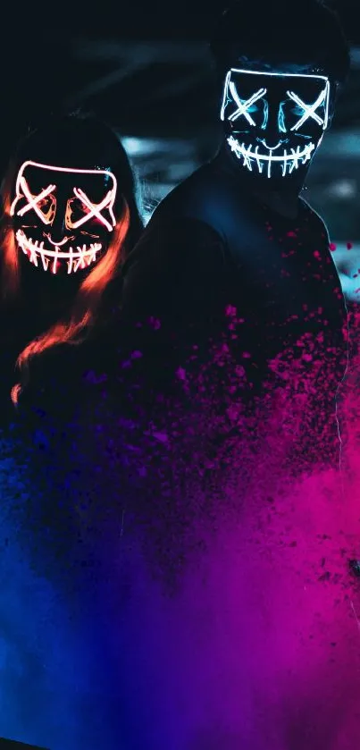 Neon mask art with vibrant blue and pink colors, creating a mysterious effect.