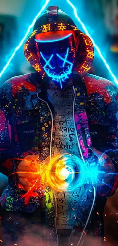 Cyberpunk art featuring masked figure with neon colors and designs.