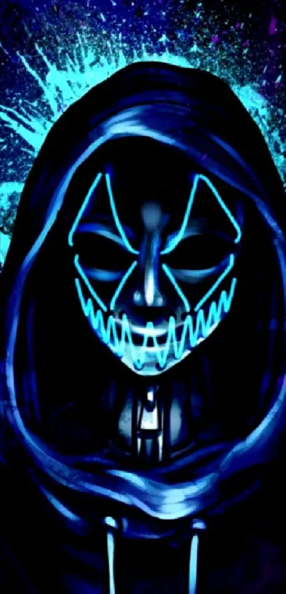 Neon mask in dark abstract background with blue glow.