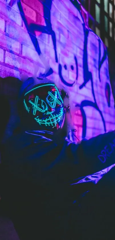 Neon mask with graffiti backdrop in urban glow