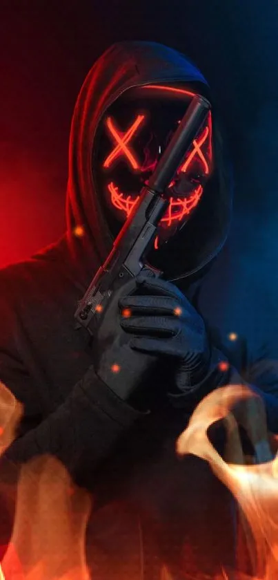 Mobile wallpaper with neon mask and flames creating an intense scene.