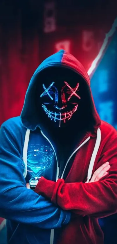 Hooded figure with neon mask in red and blue hues.