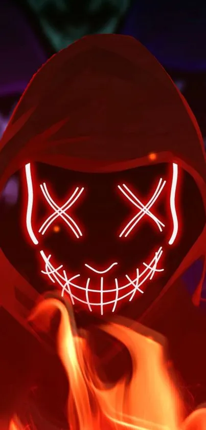 Neon mask hooded figure in vibrant red with glowing lines and dark background.