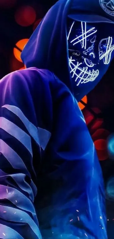 Hooded figure with a neon mask in a digital wallpaper.