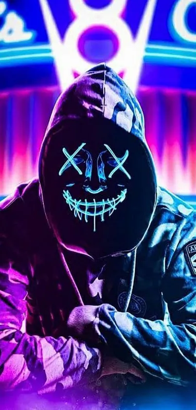 Mysterious hooded figure with neon mask and vibrant background.