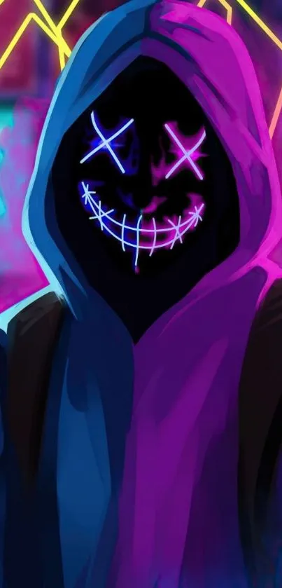 Neon art of a hooded figure with a glowing mask in purple and blue hues.