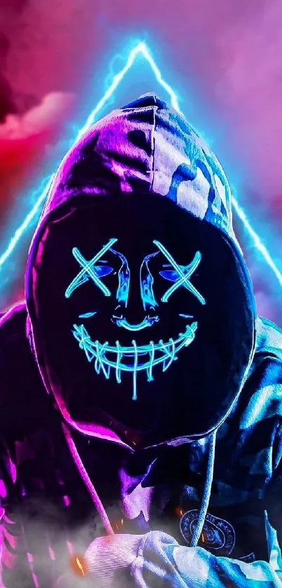 Neon mask hoodie wallpaper with glowing blue accents and stylish design.