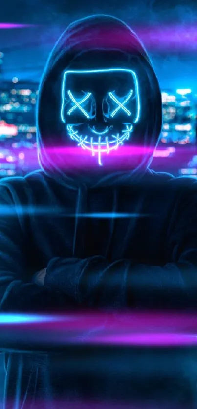 Hooded figure with neon mask in blue cityscape.