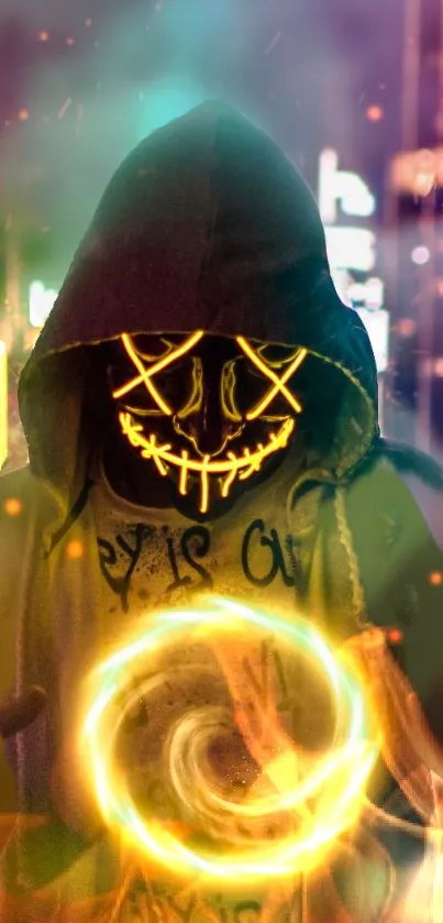 Intriguing neon mask hoodie with swirling glow effect.