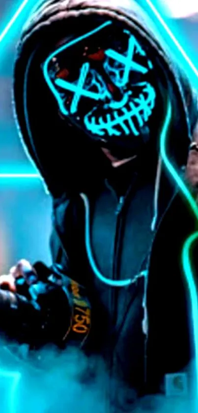 Mysterious figure in glowing neon mask and hoodie on a smoky dark background.