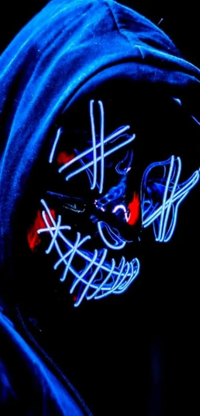 Neon mask in a dark hooded figure, vivid mobile wallpaper.