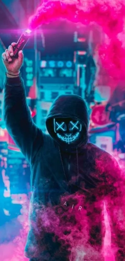 Masked figure holds neon flare in vibrant urban backdrop.