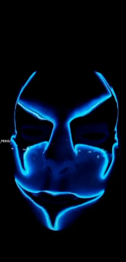 Neon mask with a blue glow on a dark background.