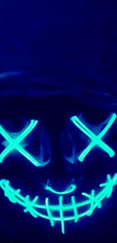 Neon mask with glowing blue lines on a mysterious dark background.