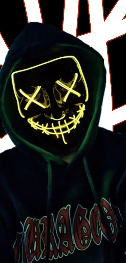 Hooded figure with neon mask on dark background.