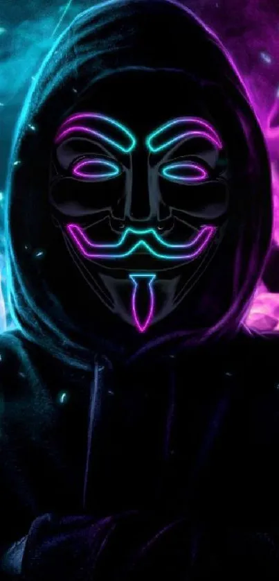 Neon mask with blue and pink flames wallpaper.